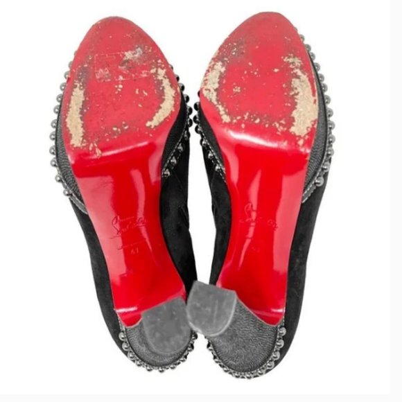 Christian Louboutin Figurina Black Suede Studded Platform High Heels Ankle Boots - Picture 4 of 8